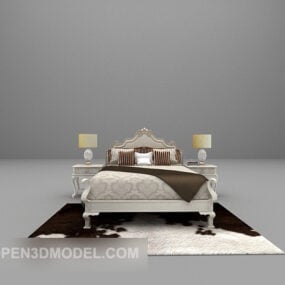 מיטה לבנה בסגנון אירופאי עם שטיח פרווה דגם תלת מימד