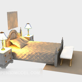 Europæisk træseng med natbord og lampe 3d-model