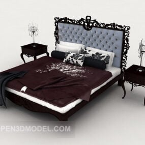 European Wood Carved Double Bed 3d model