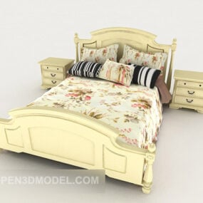 European Yellow Patterned Home Double Bed 3d model