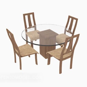 Glass Round Table Solid Wood Chair 3d model