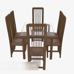 Apartment Dinning Glass Table Wood Chair 3d model