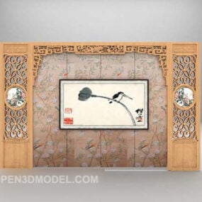 3d модель китайського живопису з дерев'яним фоном стіни