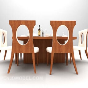 Round Wooden Table With Stylized Chairs 3d model