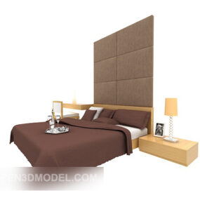 棕色双人床背墙装饰3d模型