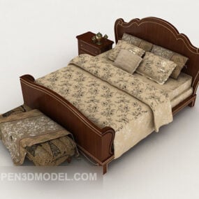 Modelo 3d de cama de casal com padrão marrom doméstico