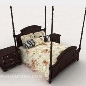 Modelo 3d de cama de casal de madeira com padrão doméstico