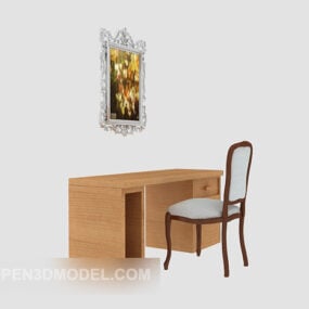 European Style Solid Wood Desk Table Chair 3d model