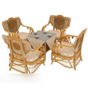Vintage Rattan Table Chair With Tablecloth 3d model