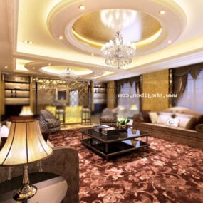 天井の装飾が施された豪華なリビングルーム3Dモデル