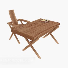 Log Wood Desk Table Chair 3d model