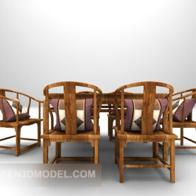 Long-shaped Table And Chair Nature Wood 3d model