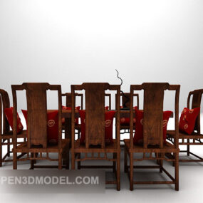 Modelo 3D de mesa e cadeiras de madeira em formato longo