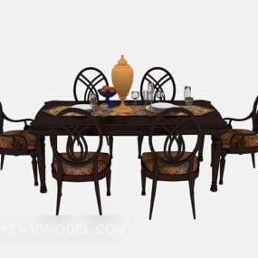 שולחן אוכל אמריקאי מעץ מלא יוקרתי דגם תלת מימד