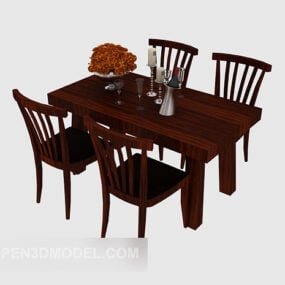 3д модель обеденного стола из красного дерева со стульями