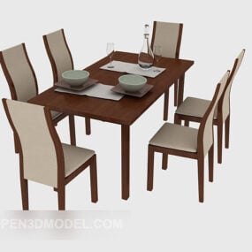 3д модель современного семейного обеденного стола из цельного дерева со стулом