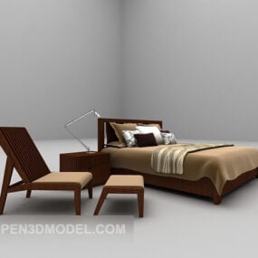 Brown Color Modern Wooden Double Bed 3d model