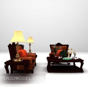 Multiplayer European Vintage Wood Sofa דגם תלת מימד