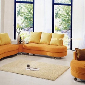 Sofa Kuning Multi Tempat Duduk Dengan Model Interior Bantal 3d