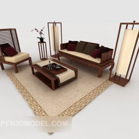 New Chinese Home Wood Brown Combination Sofa 3d model