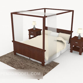 Modern Chinese Red Wood Double Bed 3d model