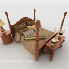 New Chinese Retro Solid Wood Double Bed 3d model