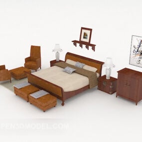 Mô hình 3d giường đôi tối giản bằng gỗ kiểu Trung Quốc