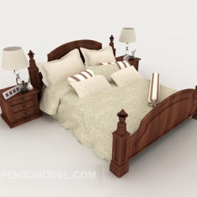 Modelo 3D de cama de casal simples de madeira em estilo chinês