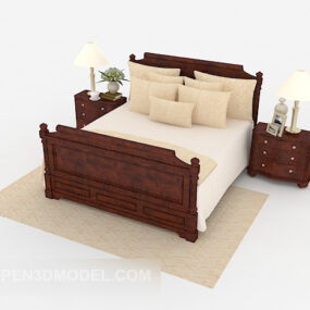 New Chinese Wood Beige Double Bed 3d model