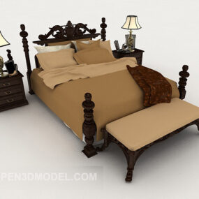 New Chinese Wood Brown Home Double Bed 3d model