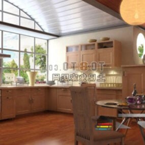 Køkken med store vinduer interiør 3d model
