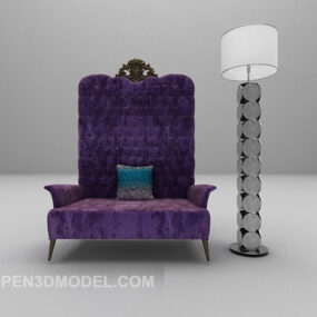 3д модель фиолетового дивана с высокой спинкой и торшером