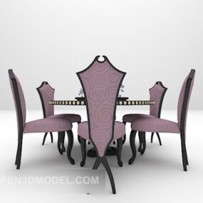 میز و صندلی چوبی پارچه بنفش مدل سه بعدی