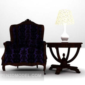 Purple Fabric Table And Wood Chair Combination 3d model