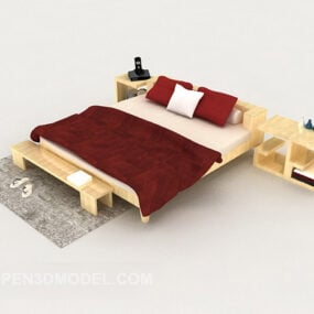Red Wood Double Bed Furniture 3d model