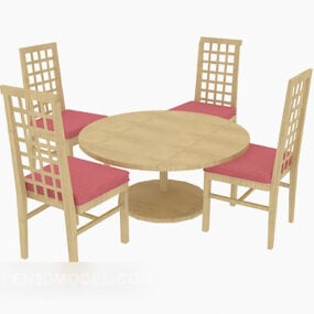 Rundes Tisch- und Stuhlset aus Massivholz, 3D-Modell