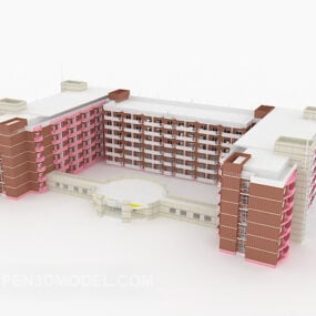 Bâtiment scolaire à façade rouge modèle 3D