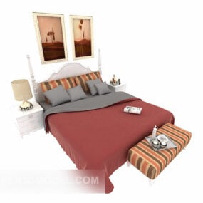 3д модель Простая двуспальная кровать с красным одеялом