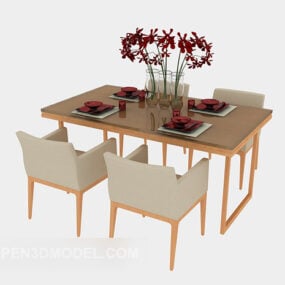 Jednoduchý jídelní stůl židle s květinovou vázou 3D model