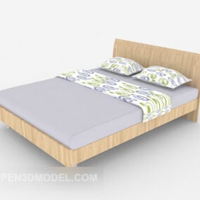 Simple Wood Blue Double Bed 3d model