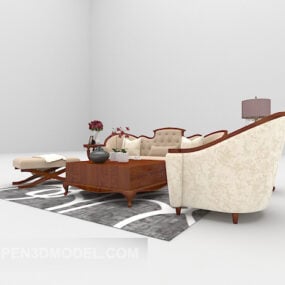 כיסא ספה בד בז' עם שטיח דגם תלת מימד