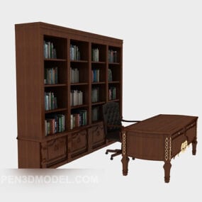 टेबल 3डी मॉडल के साथ ठोस लकड़ी की किताबों की अलमारी