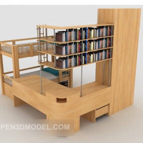 Lit superposé en bois massif avec bibliothèque modèle 3D