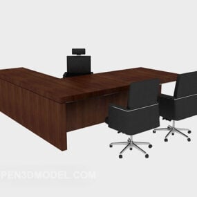 Massivt træ brunt skrivebord og stole 3d-model
