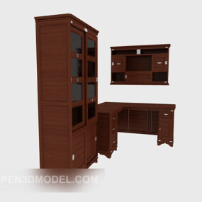 Librería con escritorio de madera maciza modelo 3d