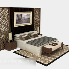 سرير مزدوج من الخشب الصلب بتصميم عتيق نموذج ثلاثي الأبعاد