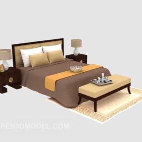 Modelo 3d de cama de casal de madeira maciça do Sudeste Asiático