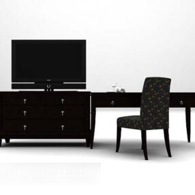 Dark Wood Tv Cabinet With Chair 3d model
