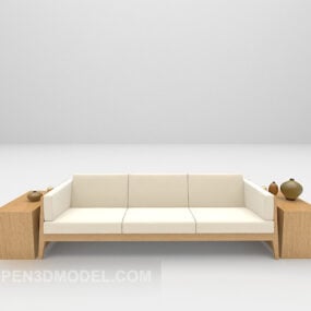 Three-person Wooden Beige Sofa Furniture 3d model