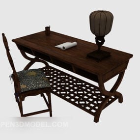Vintage kinesiskt skrivbord med stol 3d-modell